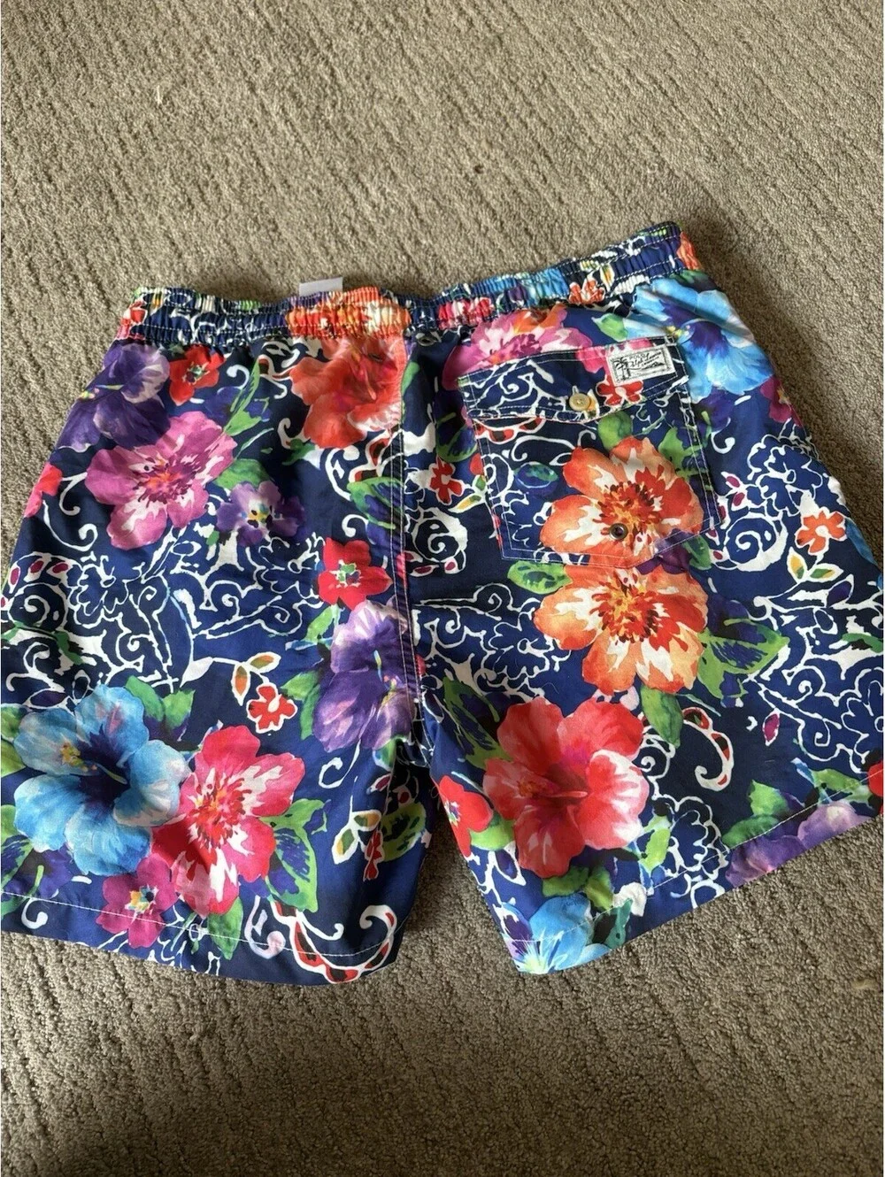 Polo Ralph Lauren Mens Navy Floral Polo Bear Aloha Swim Trunks Shorts Size L
